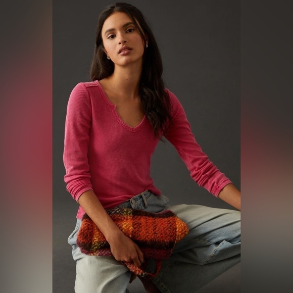 Anthropologie X Pilcro | Notched Waffle Thermal Top Raspberry Small Layering - Picture 1 of 11